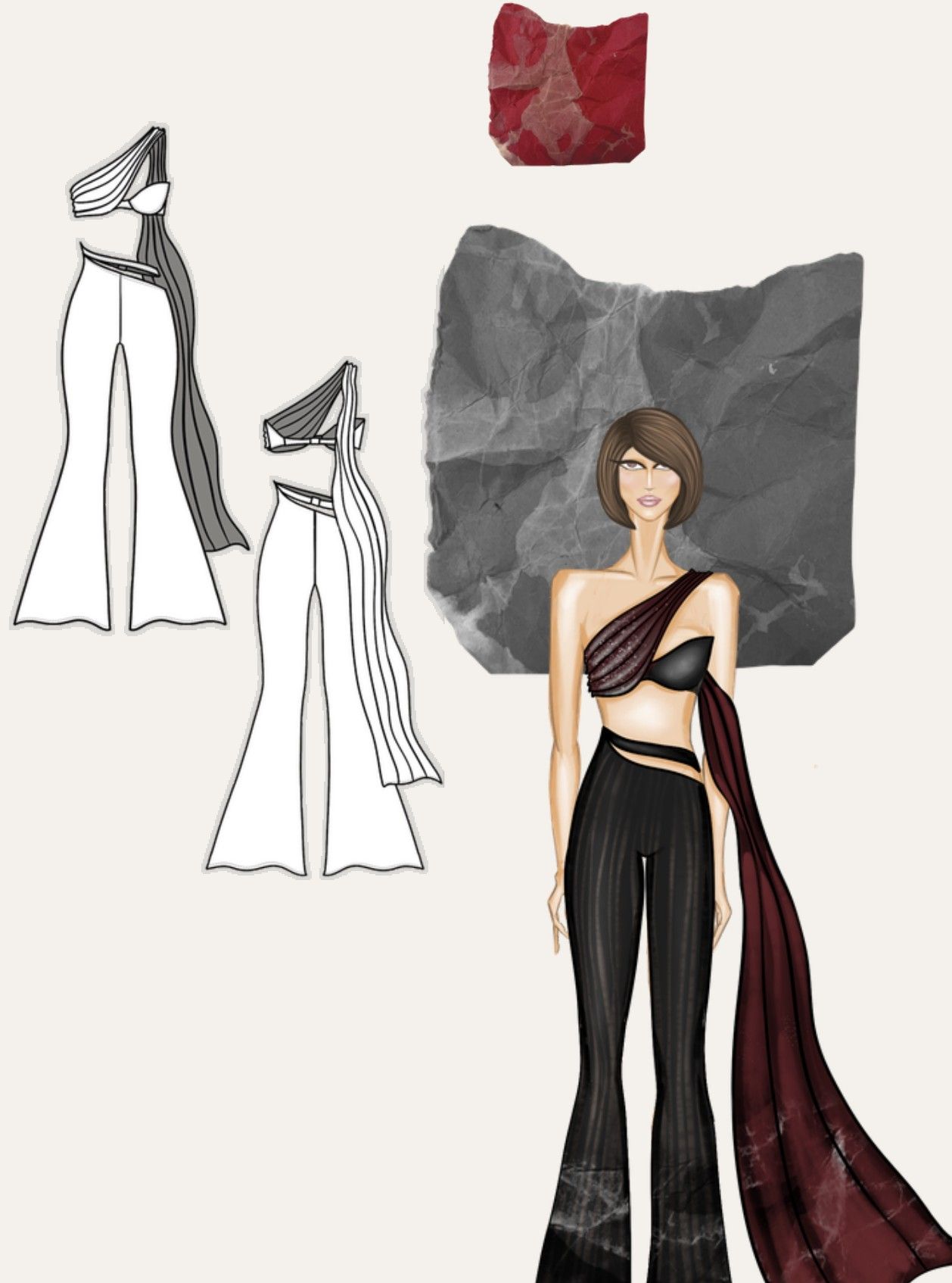 Draped Bustier & Pleated Pants, : collage