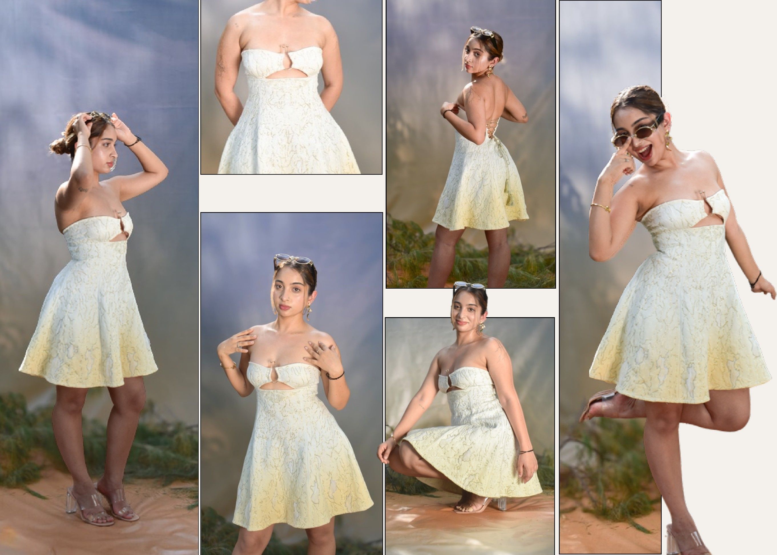 Lumière, Corset-fit short dress: collage