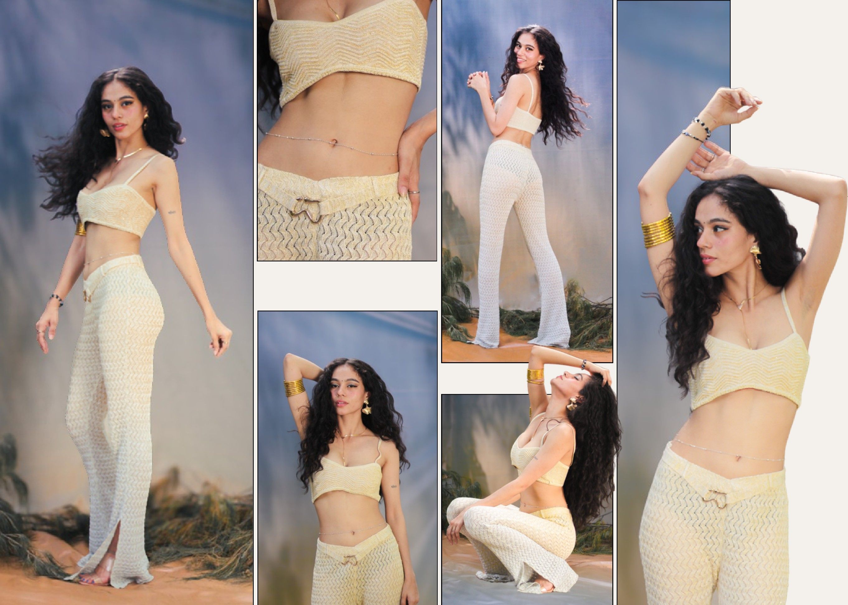 Leur, Knitted bralette and flared pants: collage