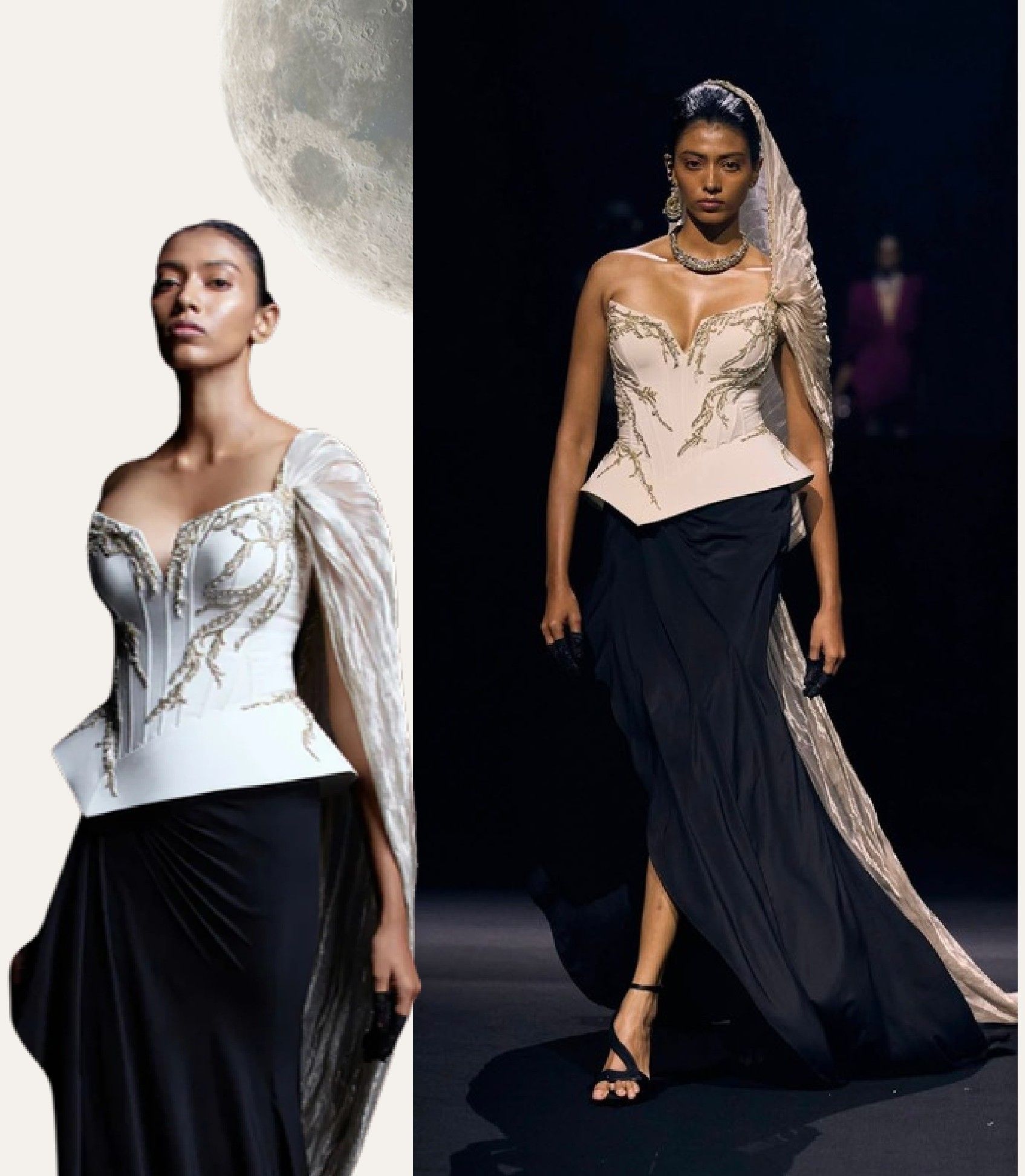 Cosmic Firmament Ensemble, Corset, draped skirt and tissue dupatta: collage
