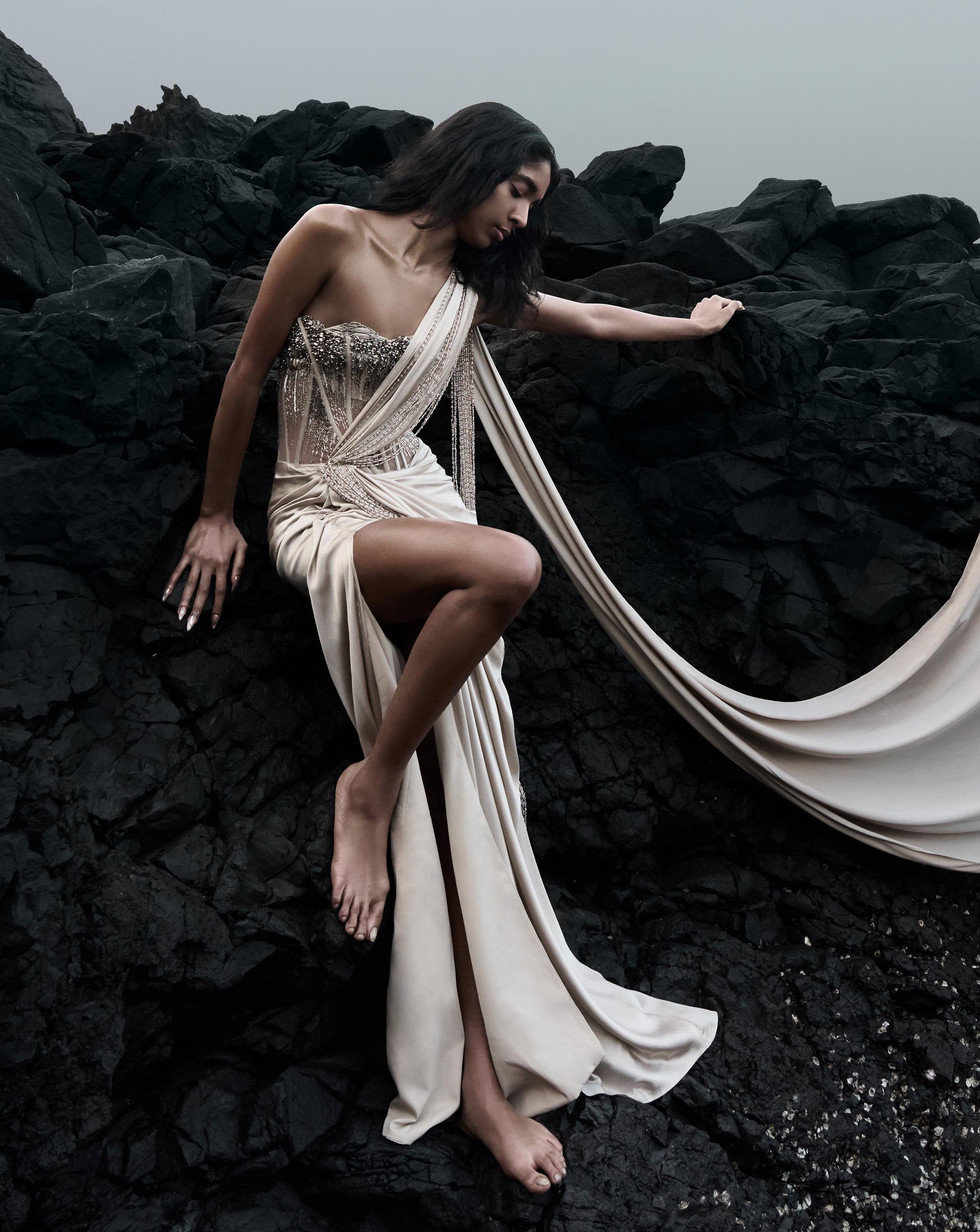Corseted Crystal Saree Gown, Saree gown